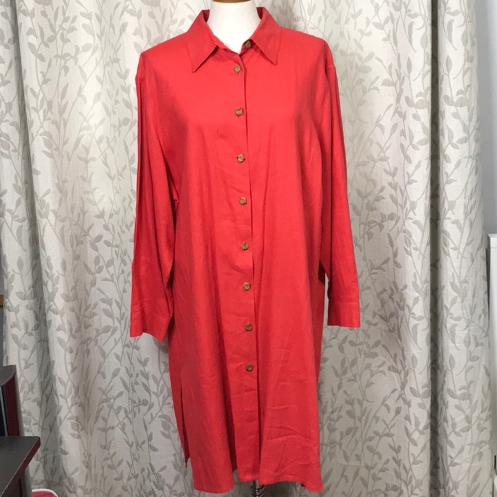 Coldwater Creek Long Tunic. Red Linen Button-Up. Size 18